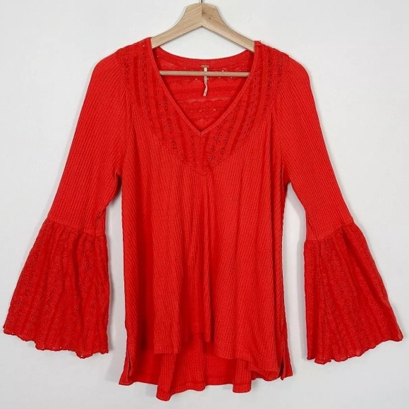 Free People Red Eyelet Lace Wide Bell Sleeve Waffle Knit Thermal Top - Picture 6 of 12